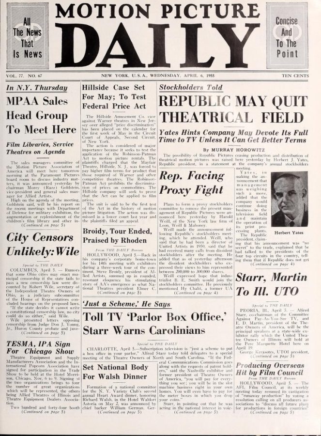 MOTION PICTURE DAILY magazine cover 6 April 1955