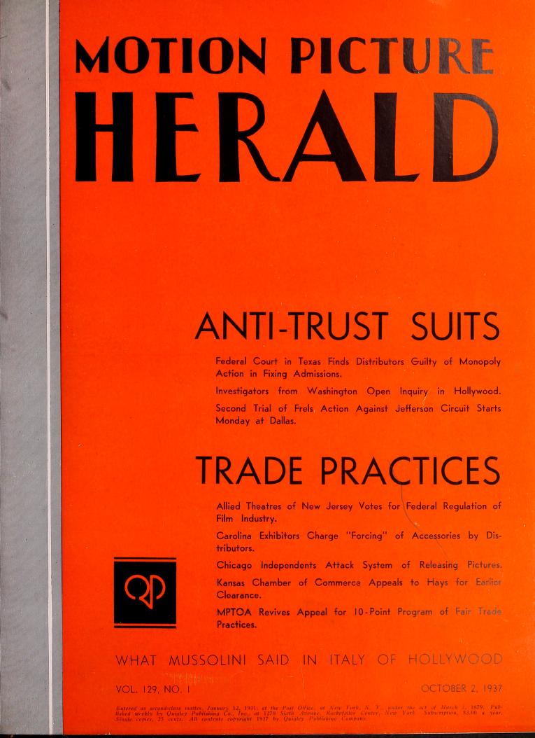 MOTION PICTURE HERALD magazine cover 2 October 1937