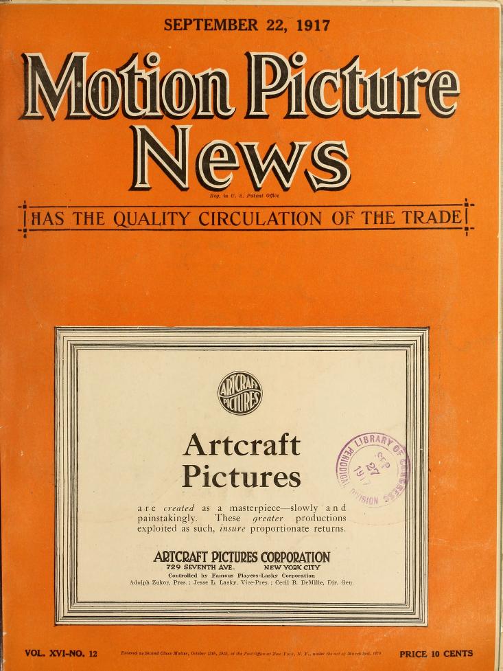 MOTION PICTURE NEWS magazine side cover 22 September 1917