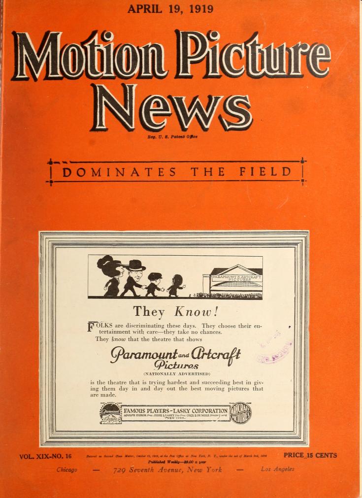 MOTION PICTURE NEWS magazine side cover 19 April 1919