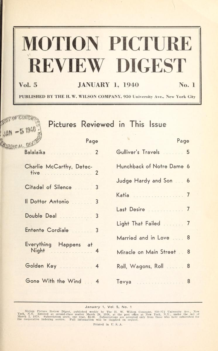 MOTION PICTURE REVIEW DIGEST magazine cover 1 January 1940