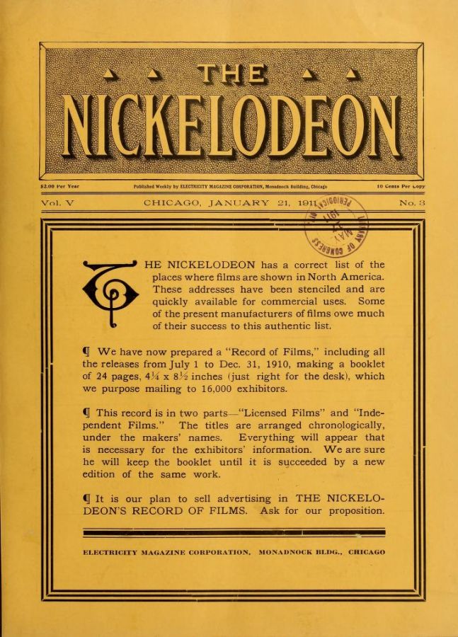 NICKELODEON magazine cover  Vol 5 # 3 21 January 1911