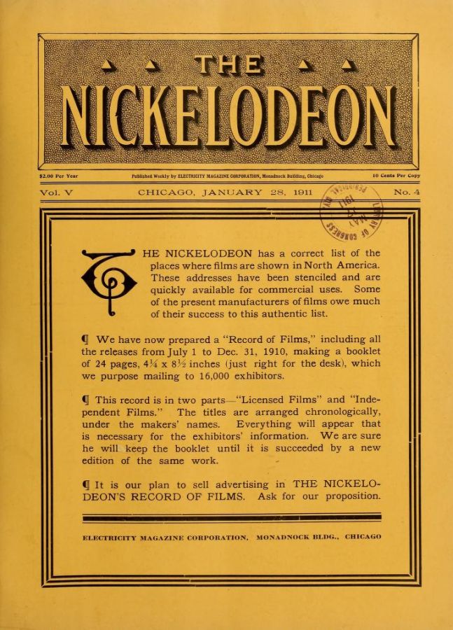 NICKELODEON magazine cover  Vol 5 # 4 28 January 1911