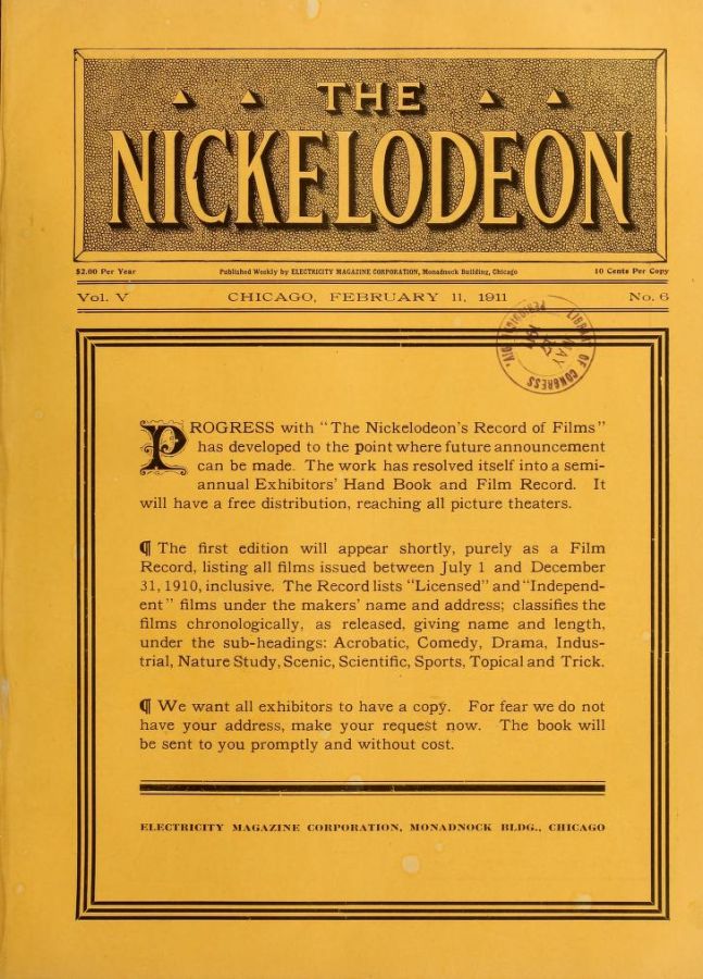 NICKELODEON magazine cover  Vol 5 # 6 11 February 1911