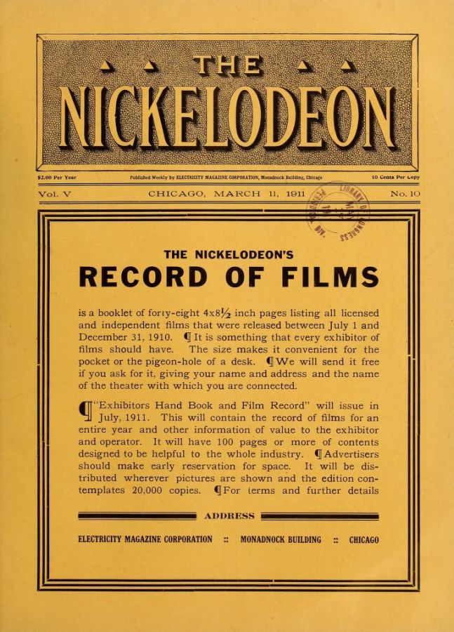 NICKELODEON magazine cover  Vol 5 # 10 11 March 1911