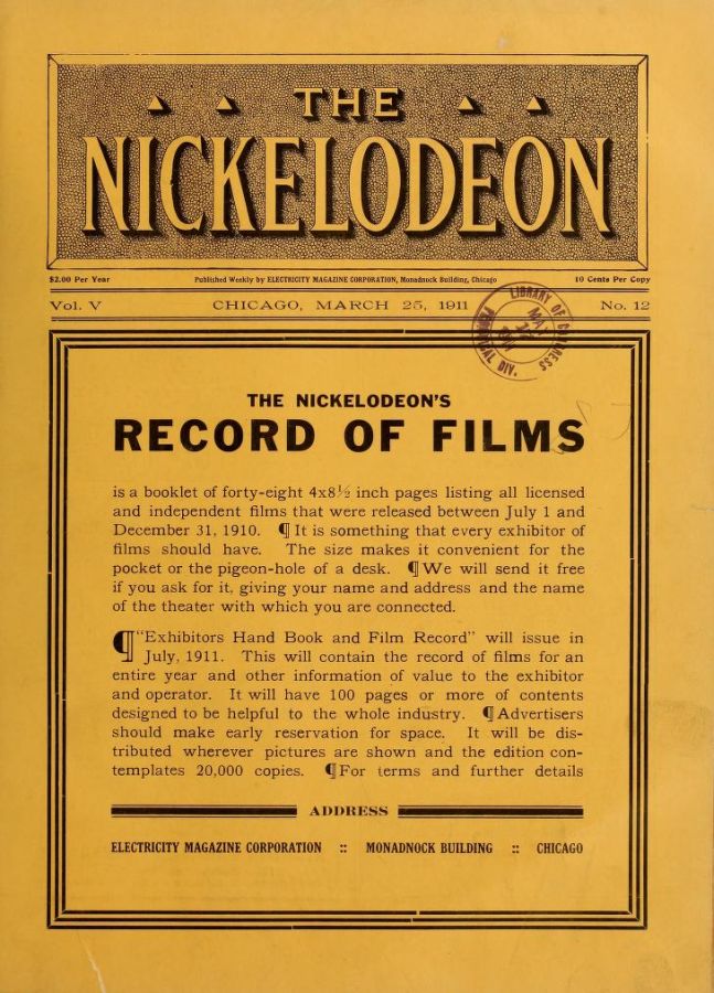 NICKELODEON magazine side cover  Vol 5 # 12 25 March 1911