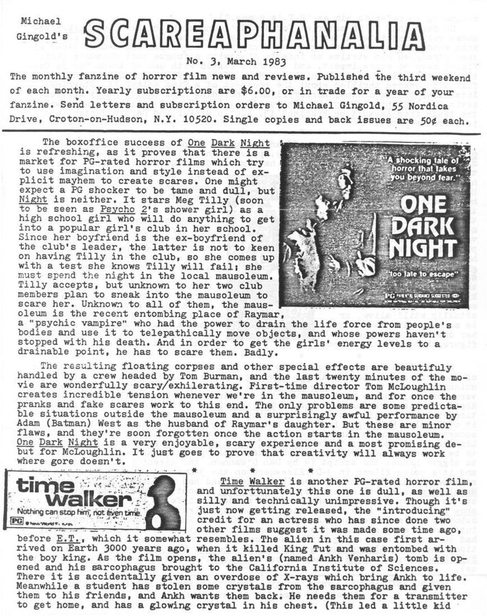 SCAREAPHANALIA magazine side cover Issue 3 March 1983