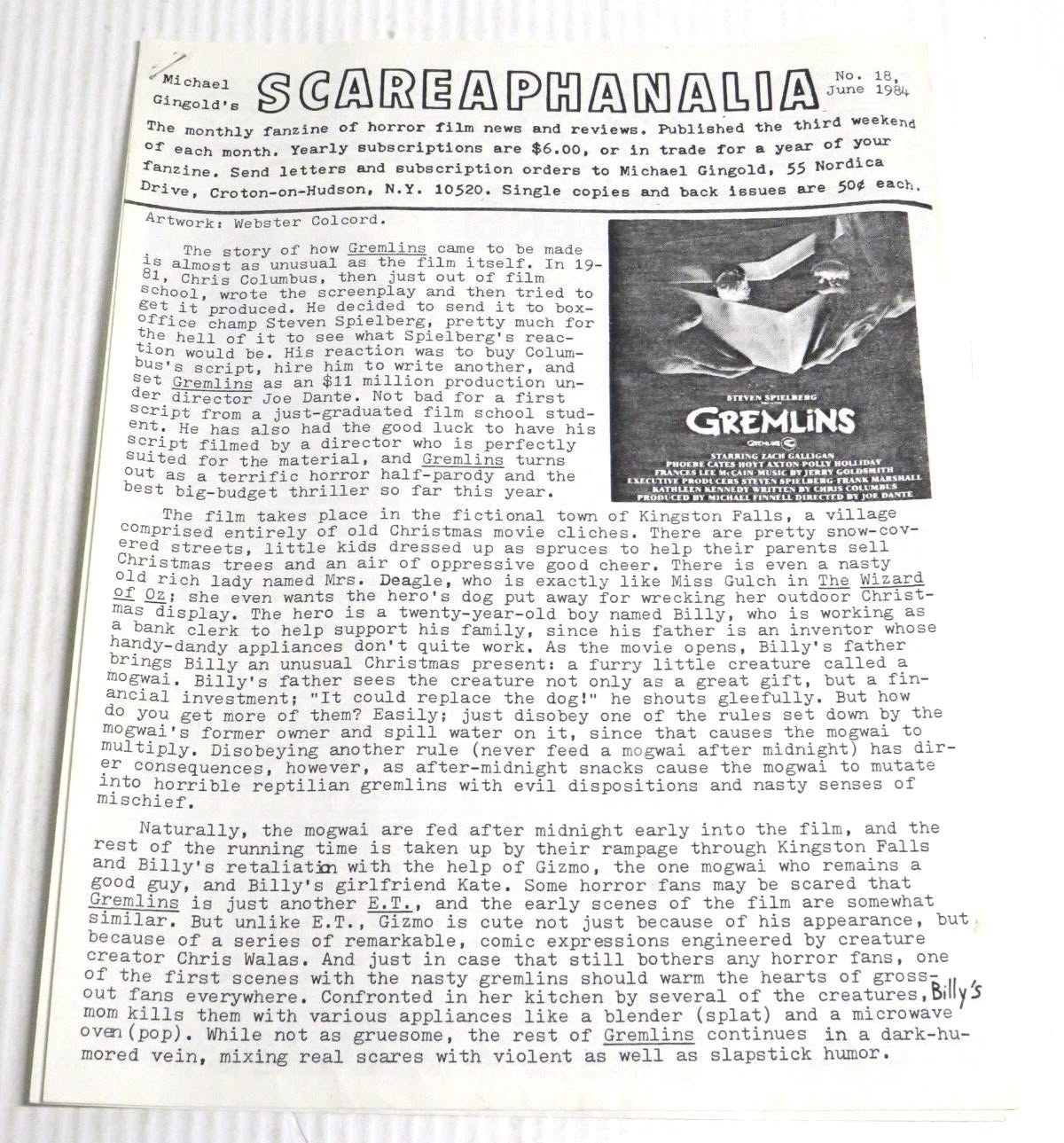 SCAREAPHANALIA magazine side cover Issue 18  June 1984