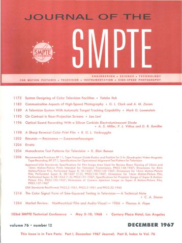 SMPTE MOTION IMAGING JOURNAL magazine side cover December 1967