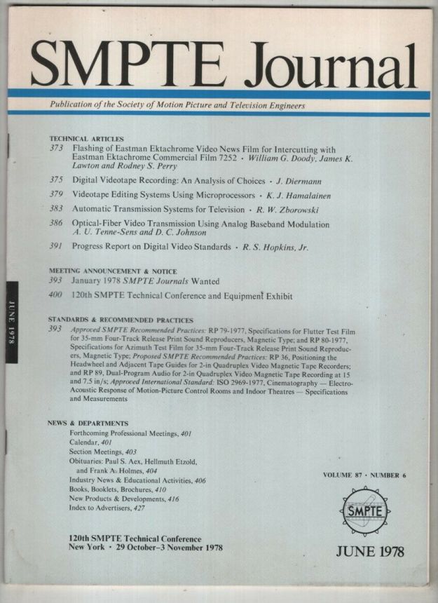 SMPTE MOTION IMAGING JOURNAL magazine side cover  June 1978