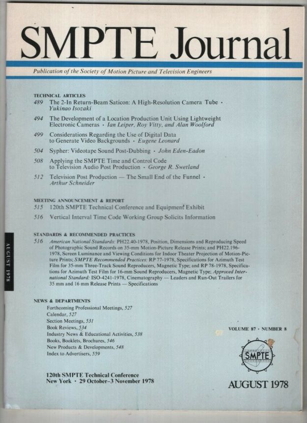 SMPTE MOTION IMAGING JOURNAL magazine side cover  August 1978