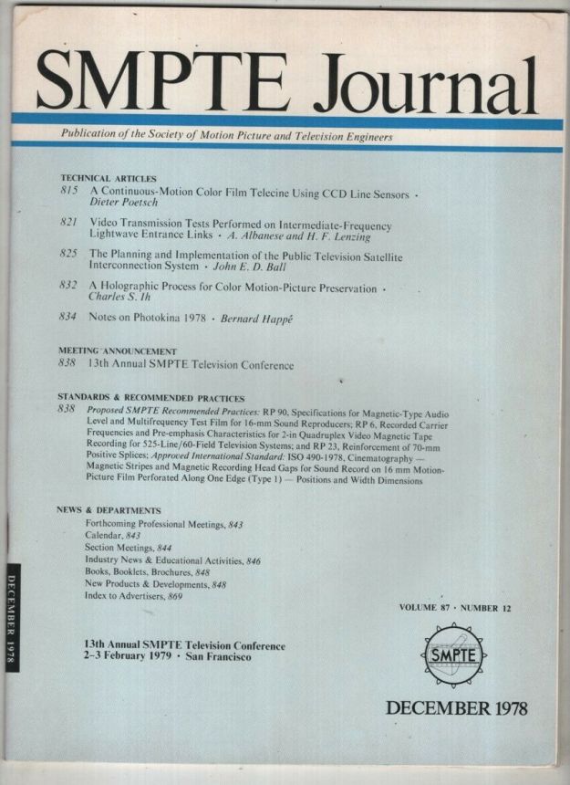 SMPTE MOTION IMAGING JOURNAL magazine side cover  December 1978