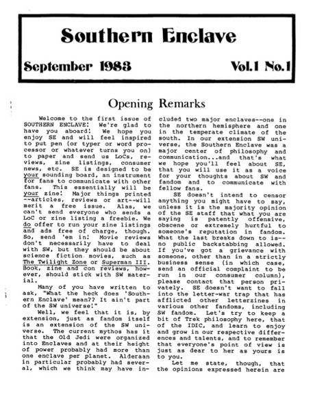 SOUTHERN ENCLAVE magazine side cover Issue 1 September 1983