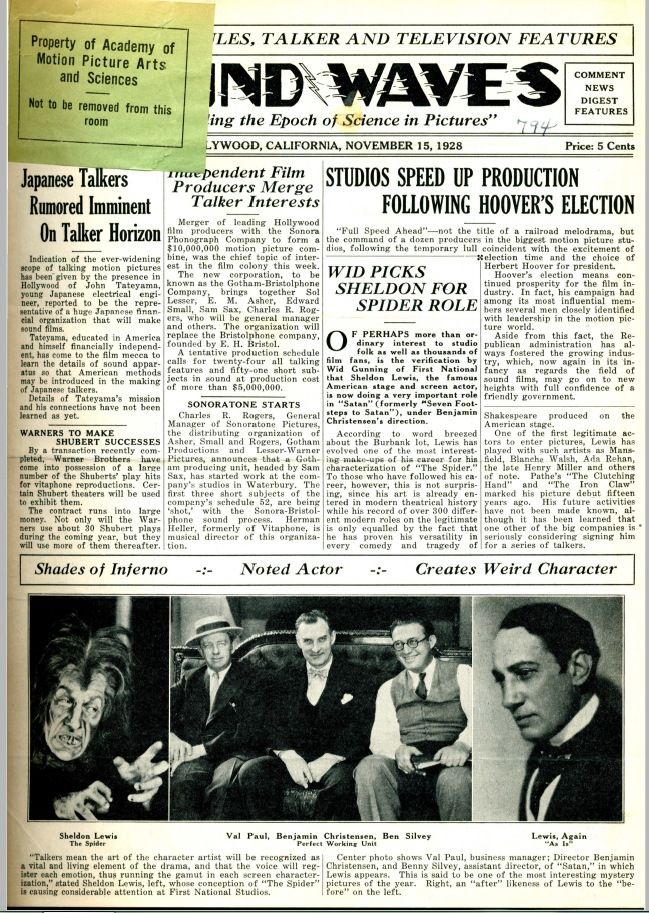 SOUND WAVES magazine side cover  Vol 1 No 7 15 November 1928