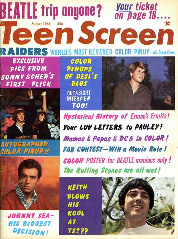 TEEN SCREEN magazine side cover  Vol 8 No 8 August 1966