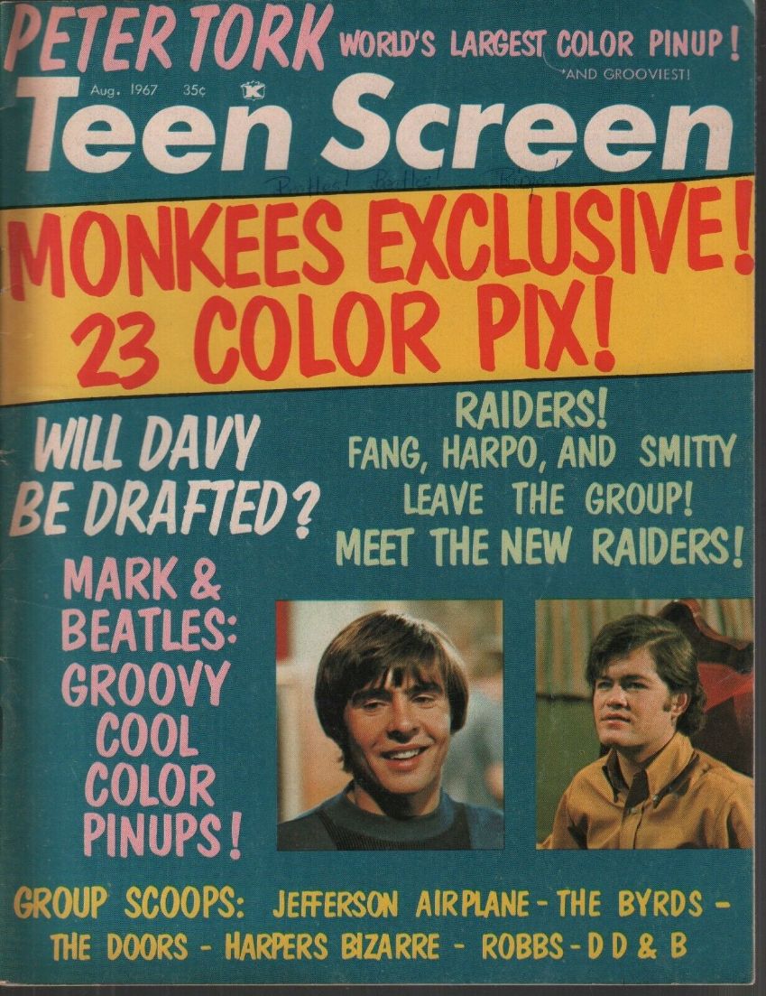 TEEN SCREEN magazine side cover  Vol 9 No 7  August 1967