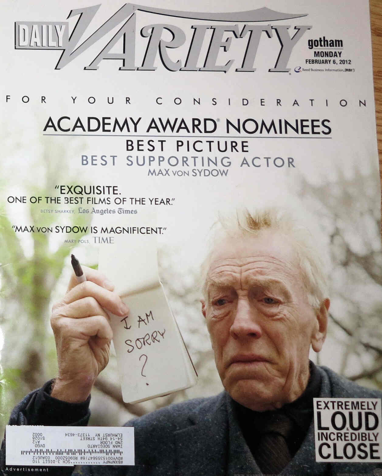 DAILY VARIETY magazine side cover 6 February 2012