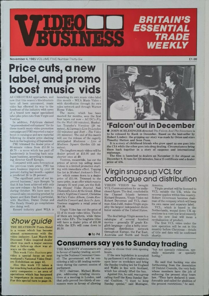 VIDEO BUSINESS (UK) magazine side cover  Vol 5 No  36 4 November 1985