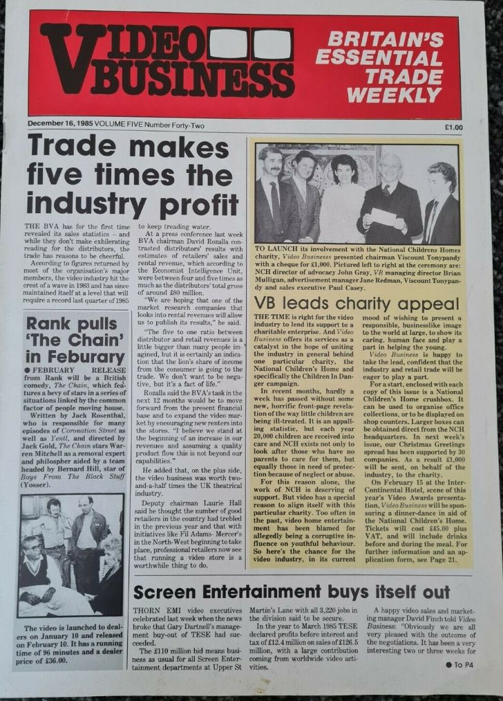 VIDEO BUSINESS (UK) magazine side cover  Vol 5 No  42 16 December 1985