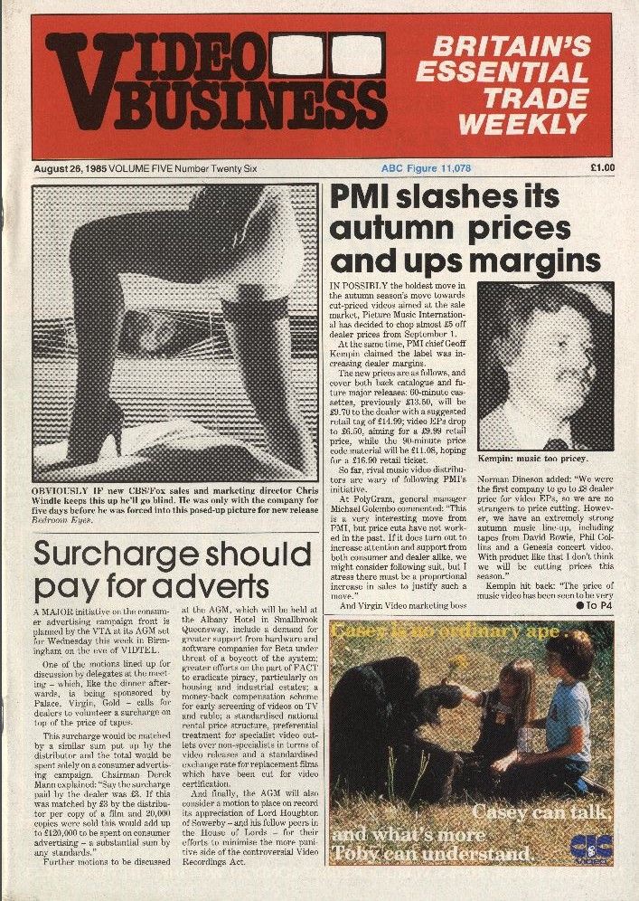 VIDEO BUSINESS (UK) magazine side cover Issue 5 26 August 1985
